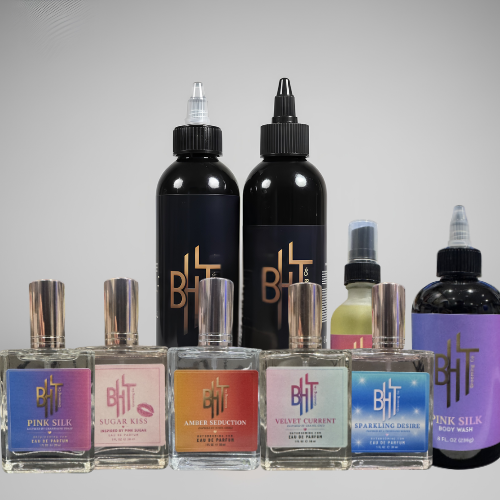 2 bottles of shampoo and conditioner and a pump top bottle of hair elixir for women from BHT Grooming.