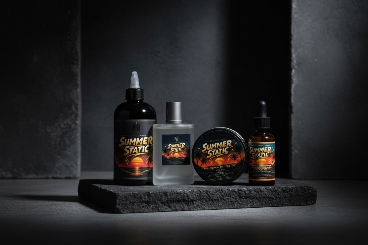 Collection of Summer Static products including bottles and a jar on a gray background