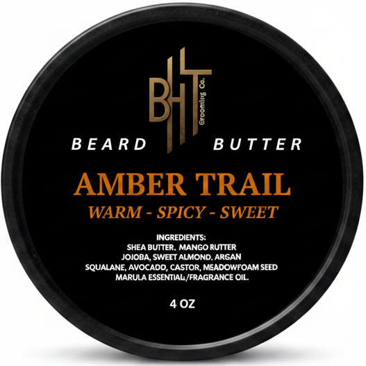 Beard butter container labeled 'Amber Trail' on a white background