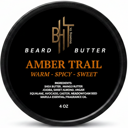 Beard butter container labeled 'Amber Trail' on a white background