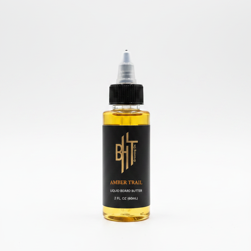 BHT Grooming Amber Trail liquid beard butter bottle with a white background.