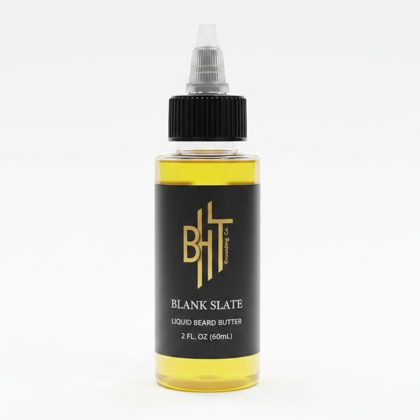 BHT Grooming Blank Slate Liquid Beard Butter in a 2 fl oz bottle. Premium beard conditioner formulated to deeply moisturize, soften, strengthen, and nourish facial hair while reducing dryness, itch, and beard dandruff for a healthier-looking beard.
