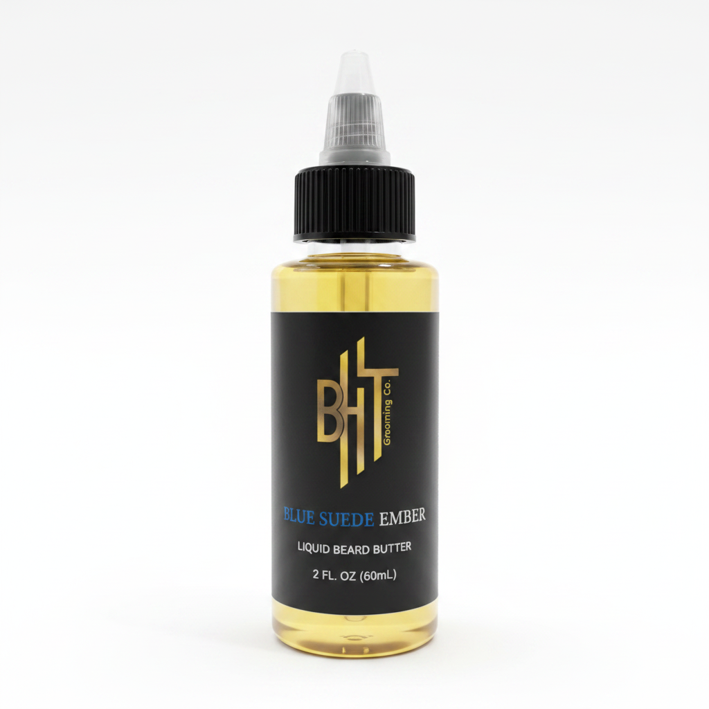 BHT Grooming Blue Suede Ember Liquid Beard Butter in a 2 fl oz bottle. Premium beard conditioner formulated to deeply moisturize, soften, strengthen, and nourish facial hair while reducing dryness, beard itch, and beard dandruff with a refined suede, amber, and woody - Bond. No 9 Bleecker Street inspired fragrance.