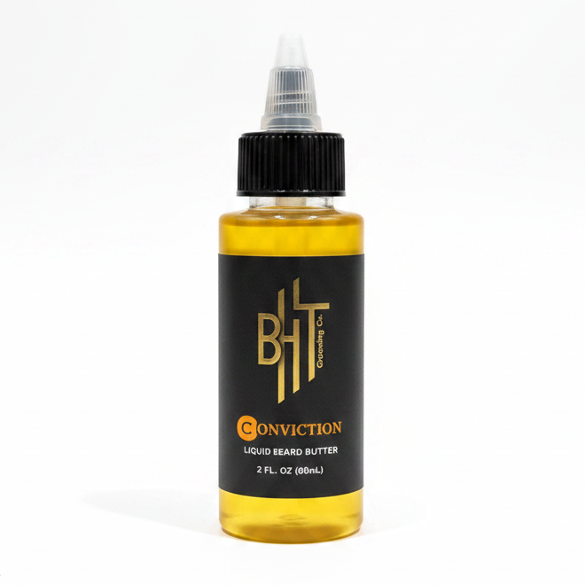 BHT Grooming Conviction Liquid Beard Butter in a 2 fl oz bottle. Premium beard conditioner formulated to deeply moisturize, soften, strengthen, and nourish facial hair with a clean masculine fragrance featuring fresh citrus, aromatic woods, and warm musk. Inspired by Abercrombie & Fitch Fierce.