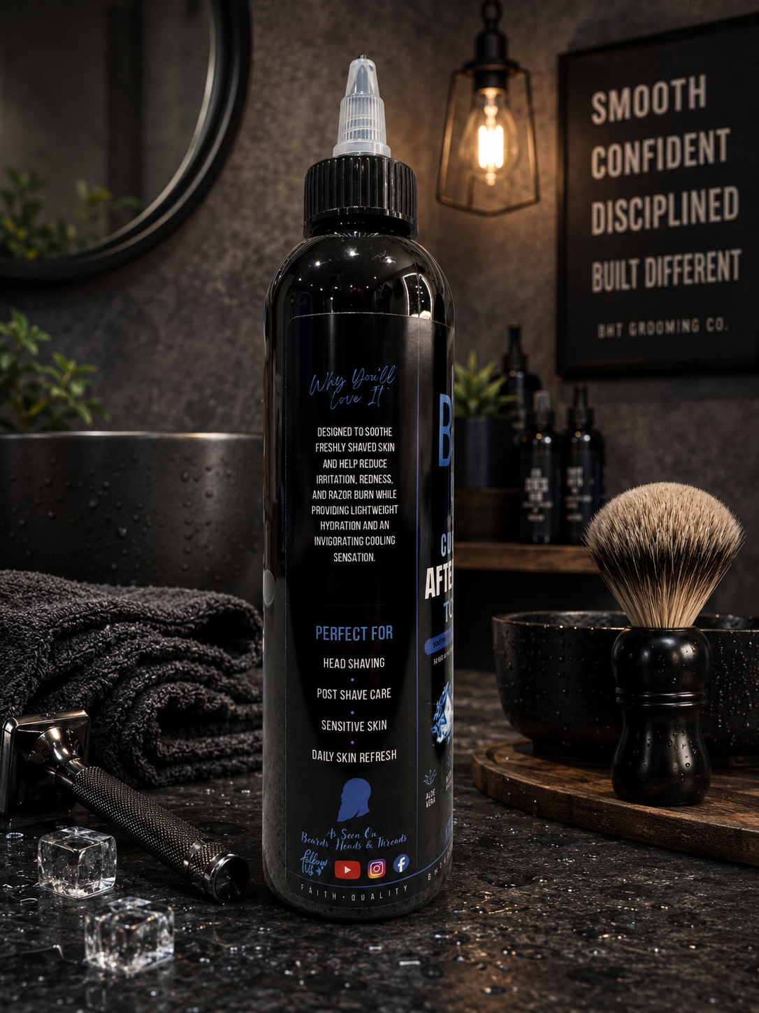 Back label of BHT Grooming Cooling Aftershave Toner displayed in a premium barbershop setting with a safety razor, shaving brush, towel, and ice cubes. The label highlights soothing, hydrating, and cooling benefits for freshly shaved heads, sensitive skin, and post-shave care.