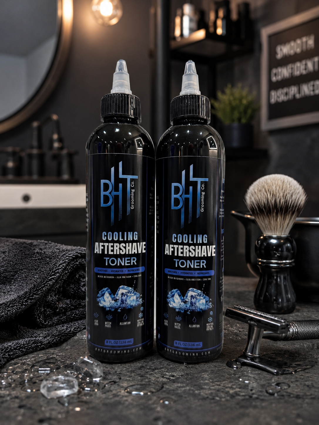 Two bottles of BHT Grooming Cooling Aftershave Toner displayed on a barber countertop with a safety razor, shaving brush, and towel. This cooling post-shave toner soothes, hydrates, and refreshes freshly shaved heads and facial hair.