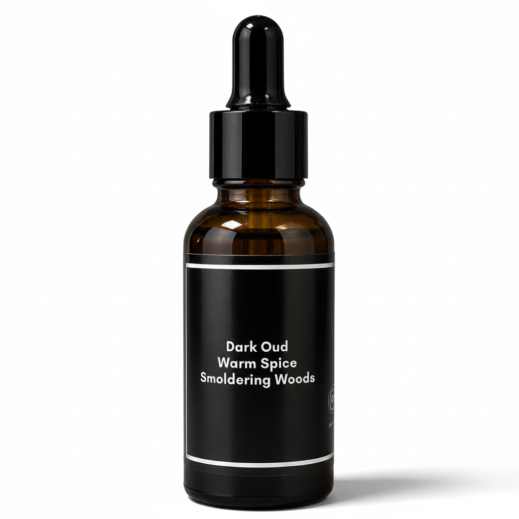 Back label of BHT Grooming Crowned Resin Botanical Reserve Beard Oil featuring the fragrance notes of dark oud, warm spice, and smoldering woods. Premium beard oil crafted to nourish, soften, and condition beards with a rich, masculine scent.