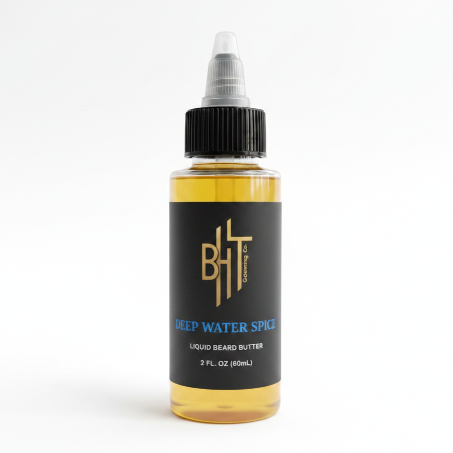 BHT Grooming Deep Water Spice Liquid Beard Butter in a 2 fl oz bottle. Premium beard conditioner formulated to deeply moisturize, soften, strengthen, and nourish facial hair while reducing dryness, beard itch, and beard dandruff with a fresh aquatic spice - Aqua Di Gio Profumo inspired fragrance.