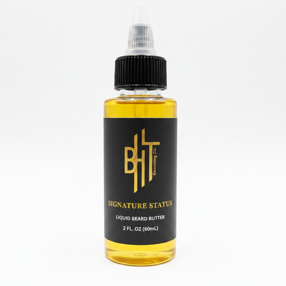 BHT Grooming Signature Status Liquid Beard Butter in a 2 fl oz bottle. Premium beard conditioner formulated to deeply moisturize, soften, strengthen, and nourish facial hair while reducing dryness, beard itch, and beard dandruff for a healthier, fuller beard. Creed Aventus inspired fragrance.