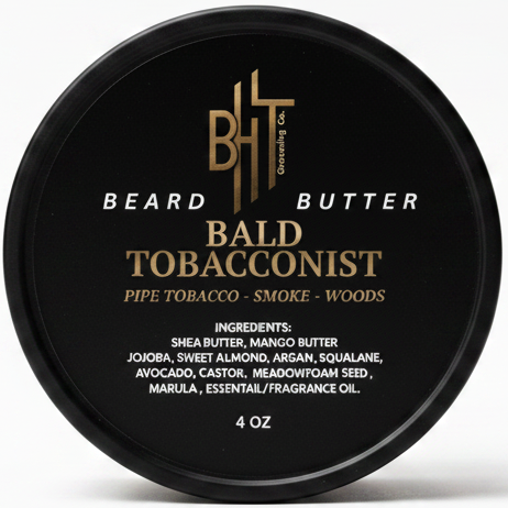 Beard butter container labeled 'Bald Tobacconist' on a white background