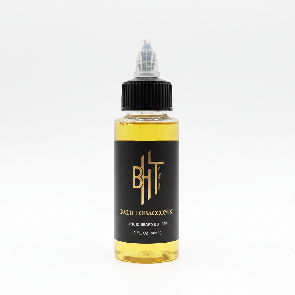 Bottle of bald tobacconist liquid beard butter with a white background