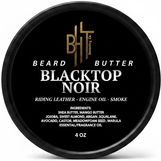 Blacktop Noir beard butter container on a white background