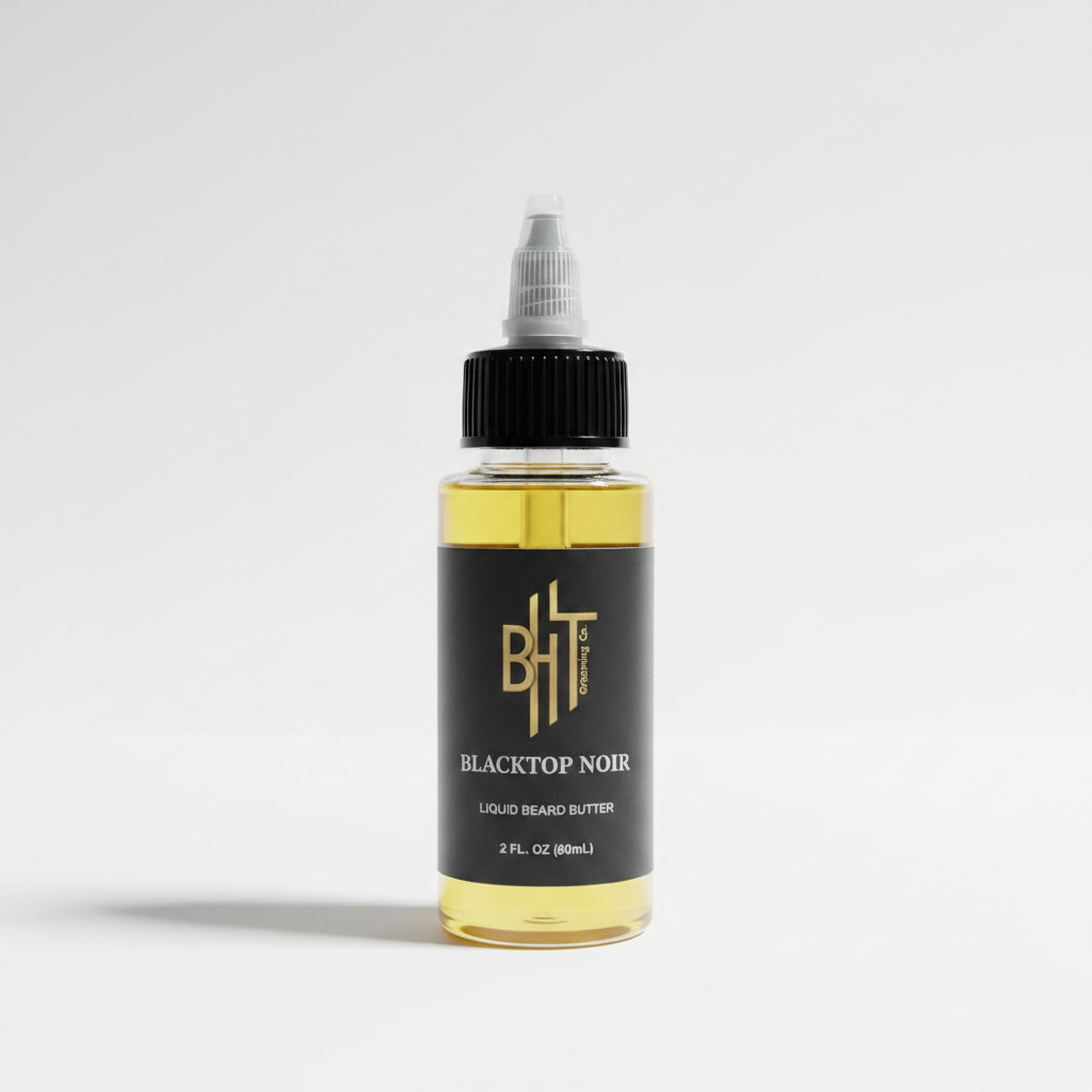 Bottle of Blacktop Noir liquid beard butter with a white studio background