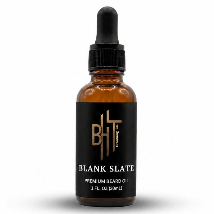 Bottle of Blank Slate premium beard oil on a white background