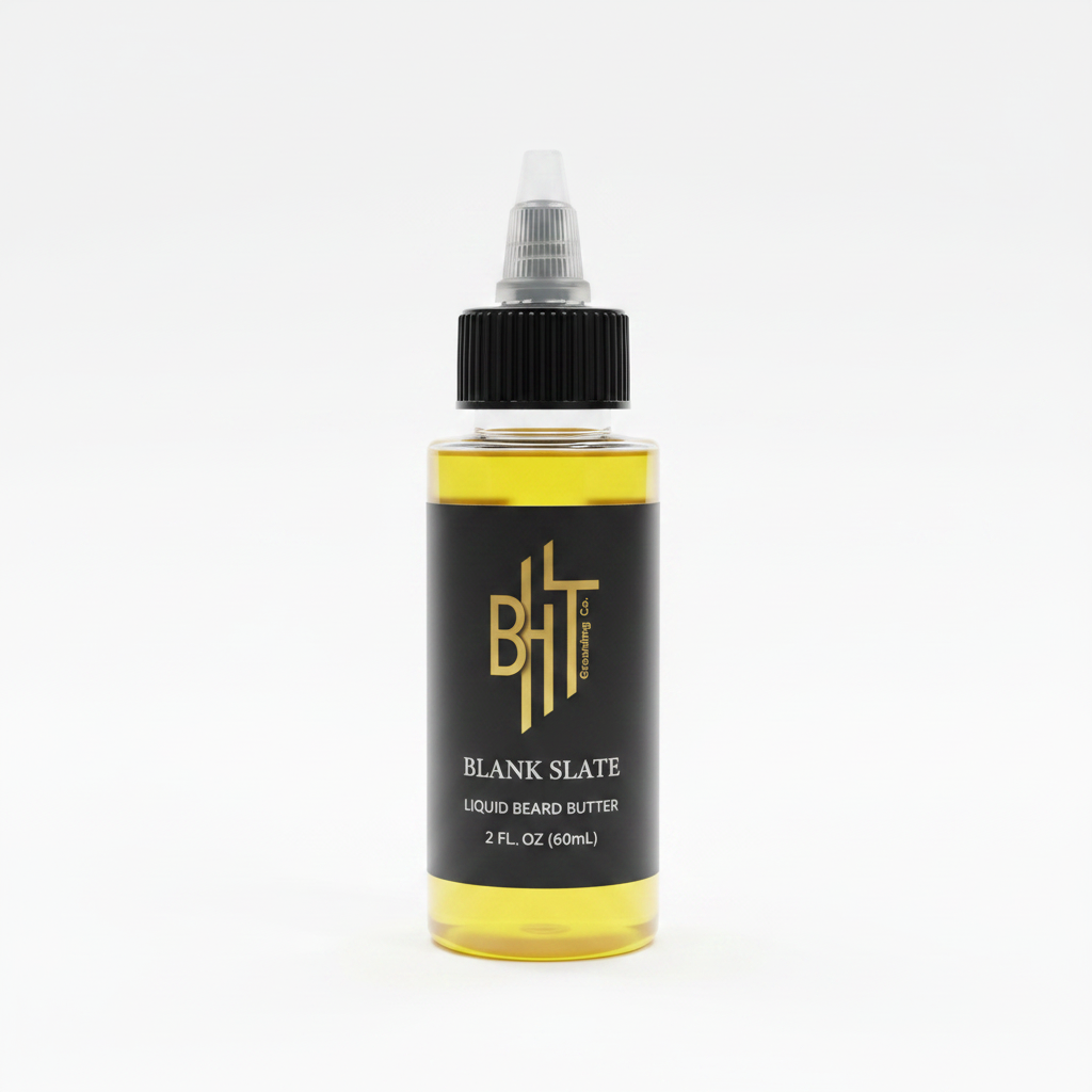 Blank Slate liquid beard butter bottle in front of a white studio background.