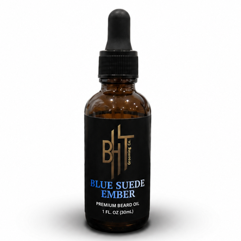 Bottle of Blue Suede Ember premium beard oil on a white background