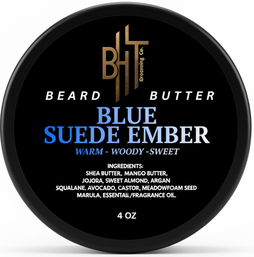 Beard butter container with 'Blue Suede Ember' label on a white background