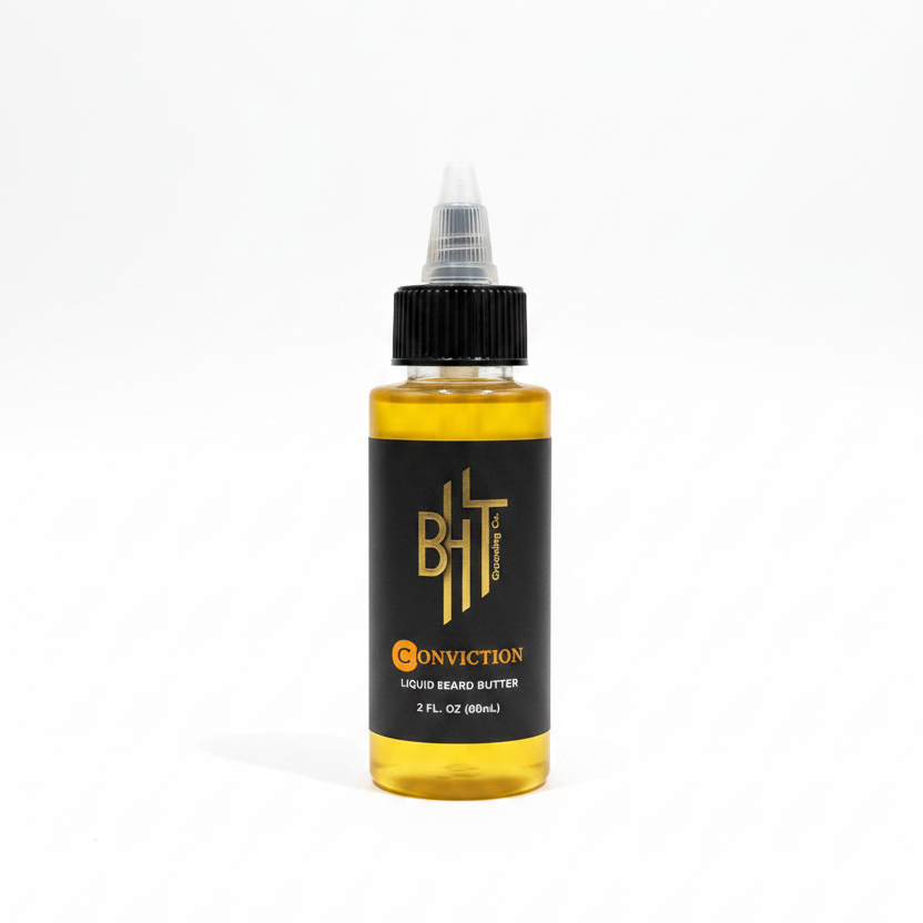Bottle of Conviction Liquid Beard Butter on with a white studio background