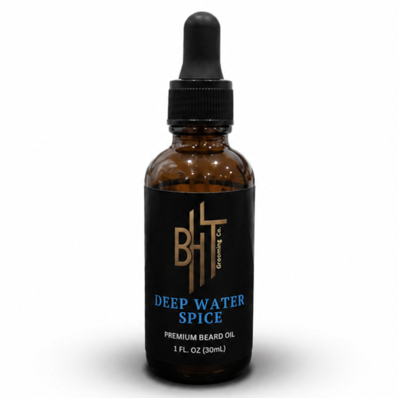 Bottle of Deep Water Spice premium beard oil on a white background