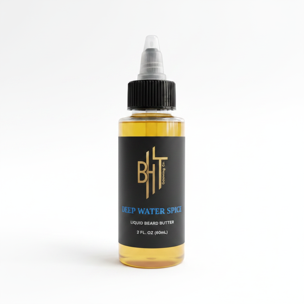 Bottle of Deep Water Spice beard butter with a white background