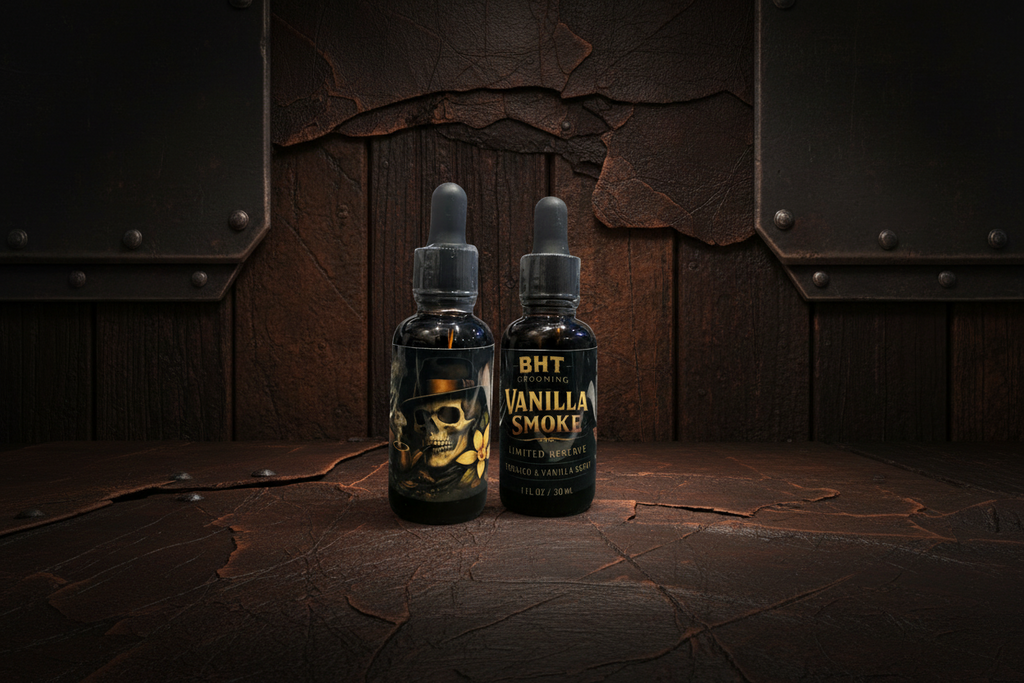 Two BHT Vanilla Smoke beard oil bottles on a dark, smoky background