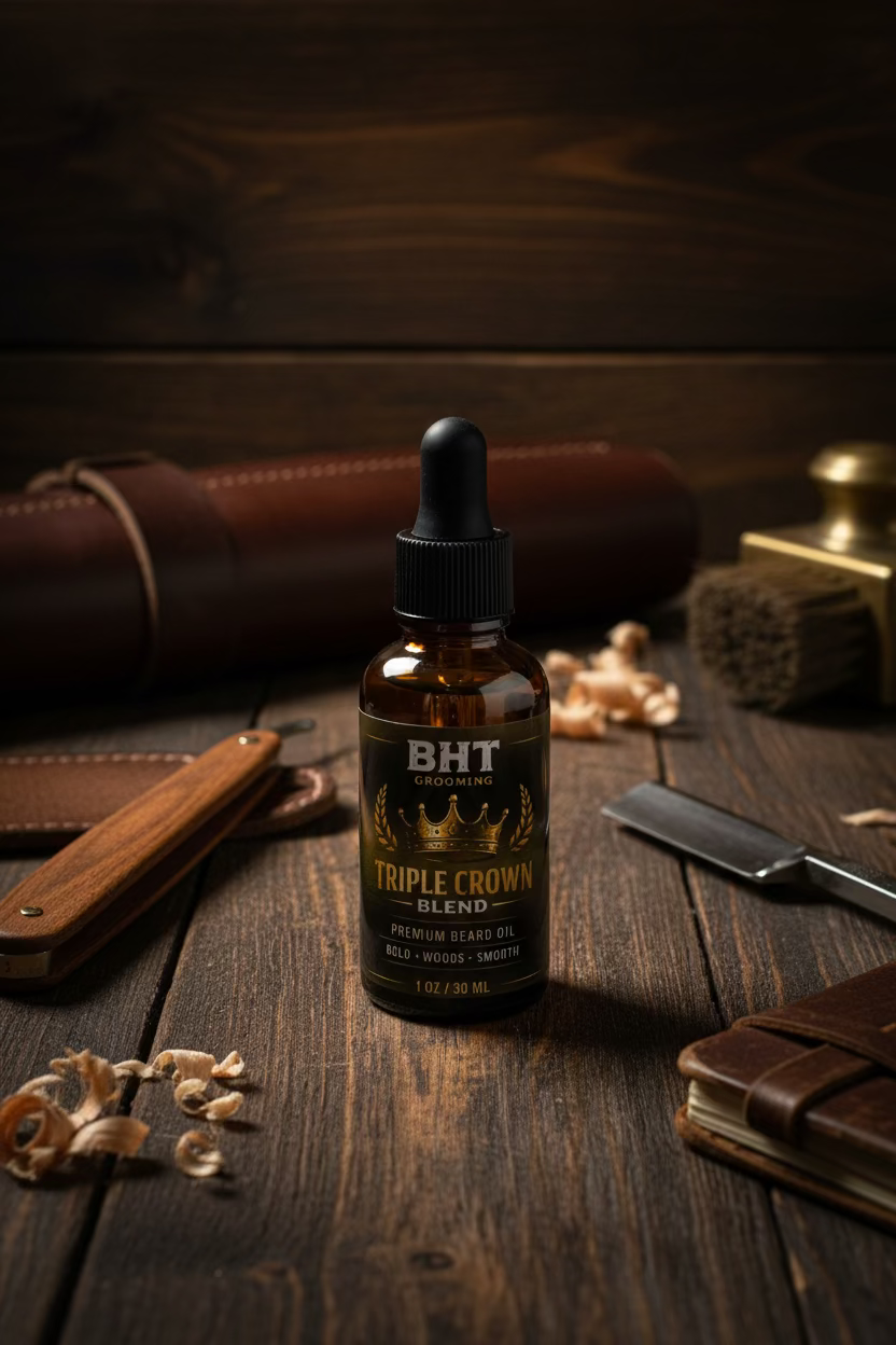 BHT Grooming Co. Triple Crown Blend Beard Oil – Rustic Timber, Autumn Forge & Black Barrel