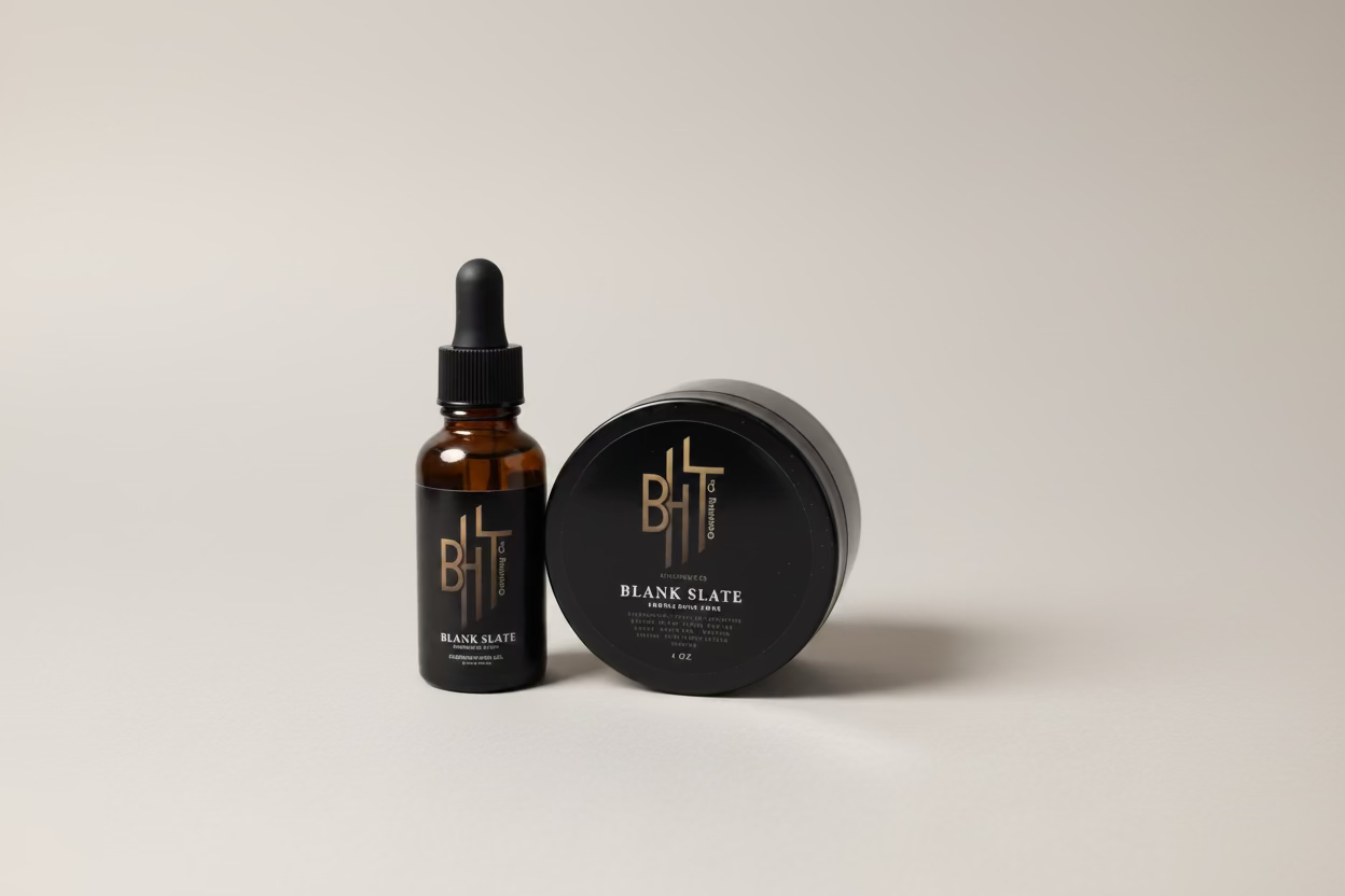 Bottle and container with 'BHT' branding on a gray background
