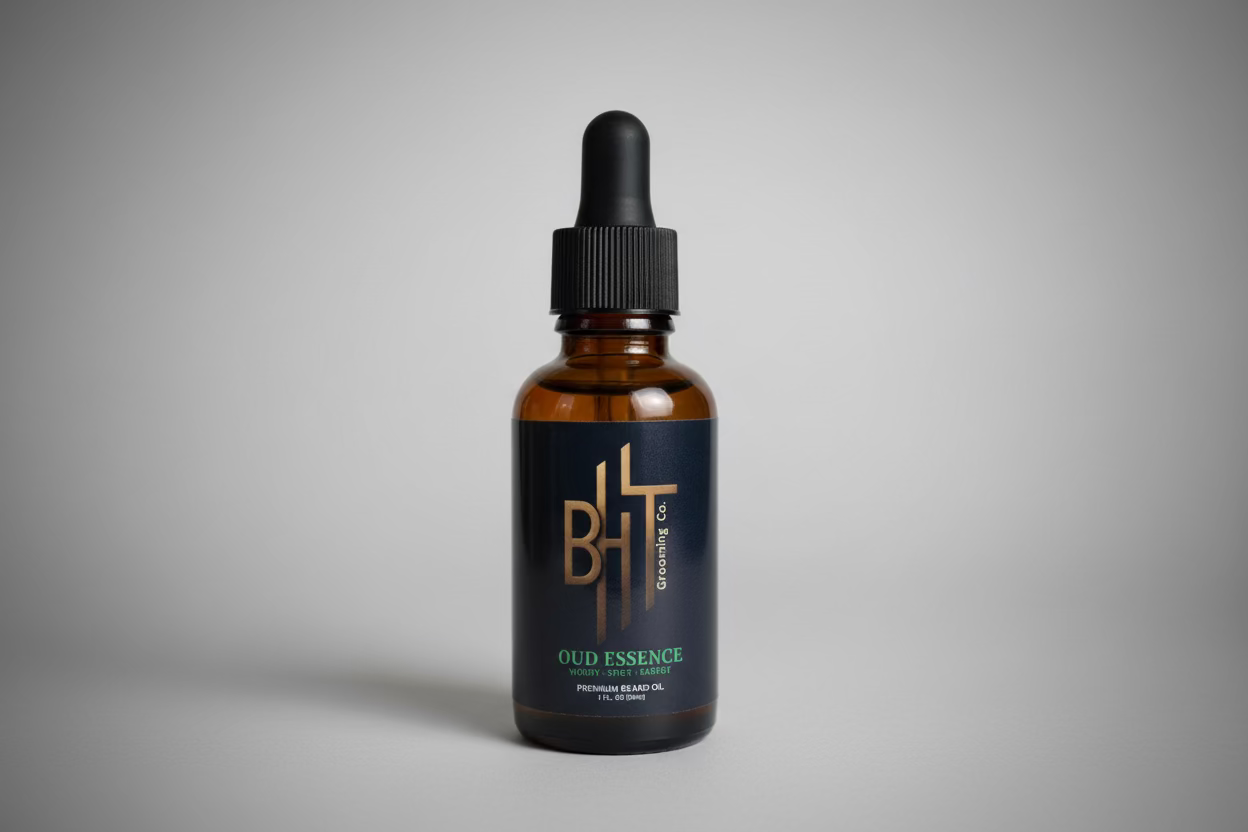 Bottle of BHT Grooming Co. Oud Essence beard oil on a shelf.