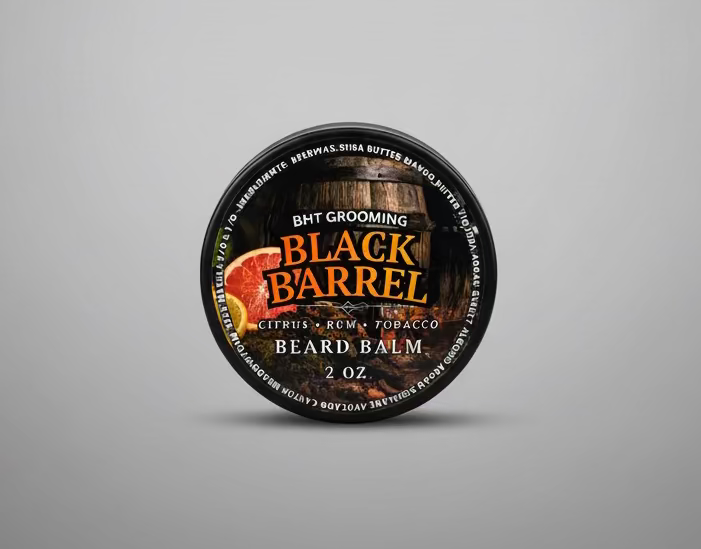Round tin of beard balm on a shelf