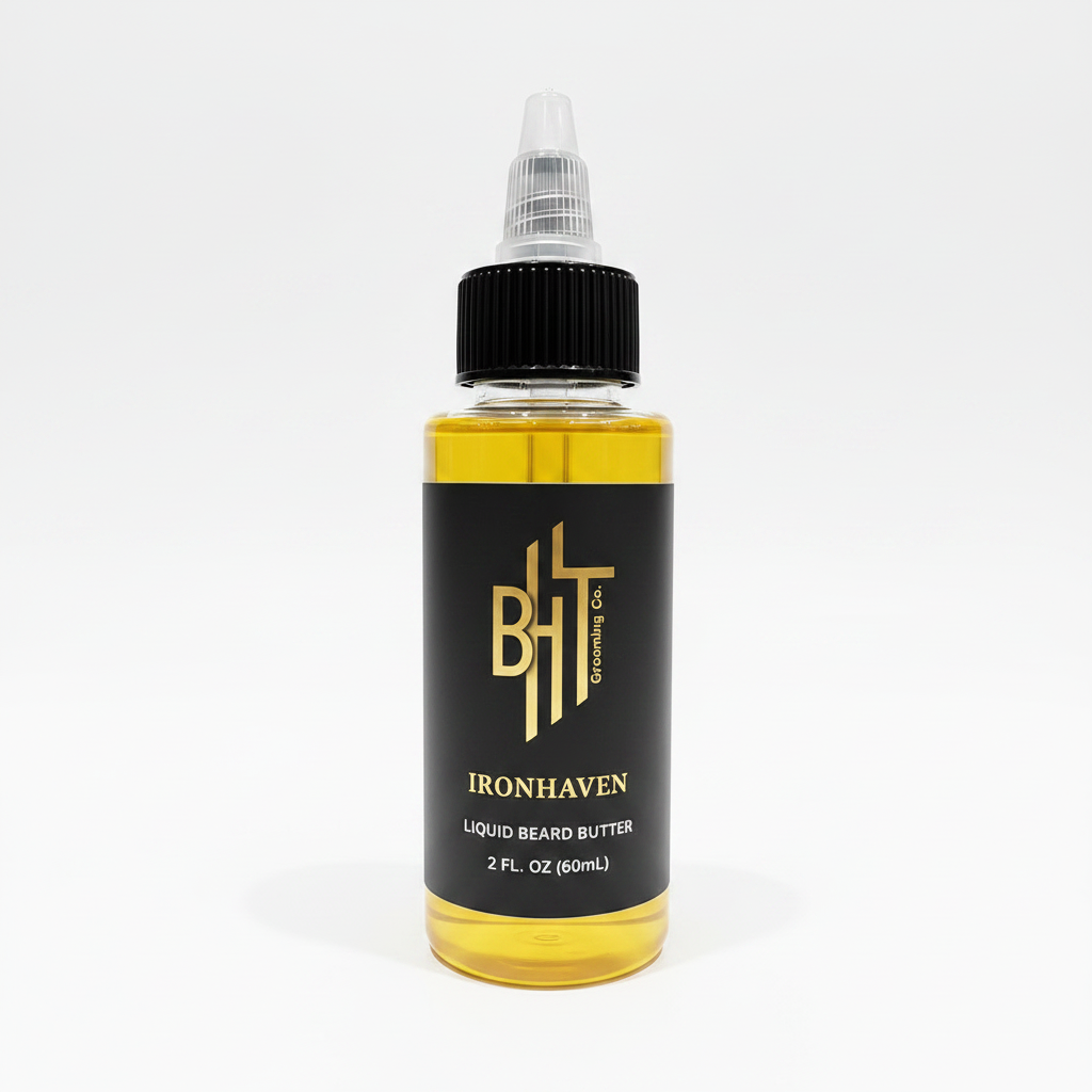 Bottle of Ironhaven liquid beard butter with a white studio background