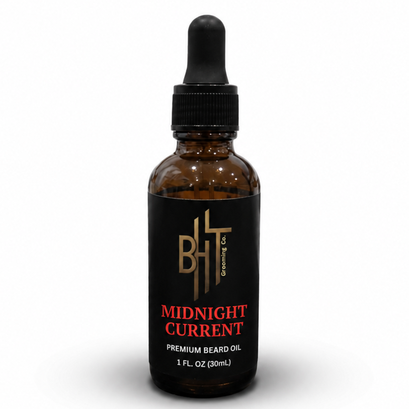Bottle of Midnight Current premium beard oil on a white background