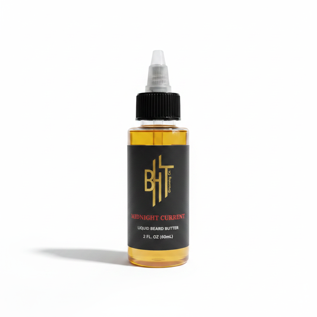 Bottle of midnight current liquid beard butter with white background