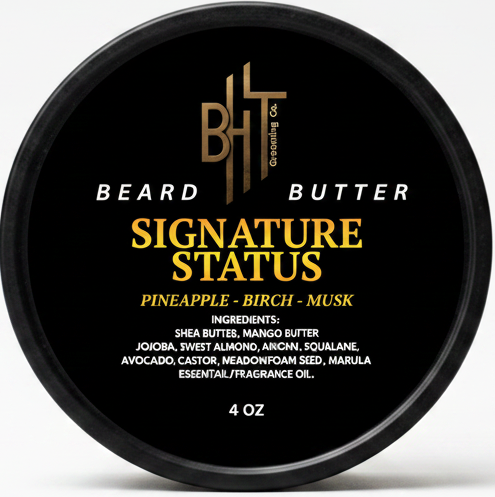 Beard butter container with 'Signature Status' branding on a white background