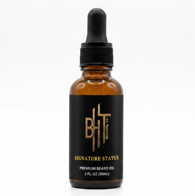 signature status beard oil bottle from bht grooming on a white background