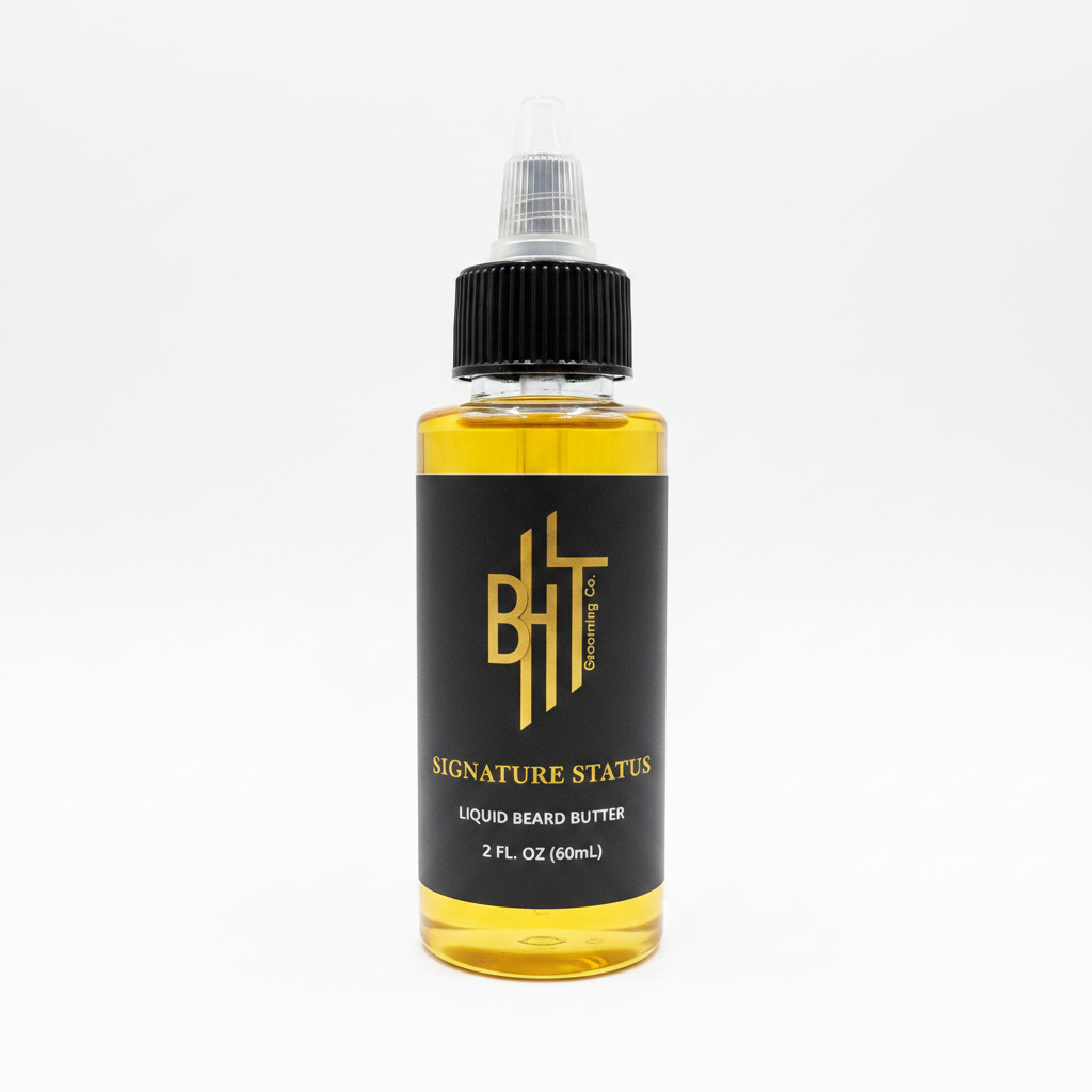 Bottle of Signature Status liquid beard butter with a white studio background