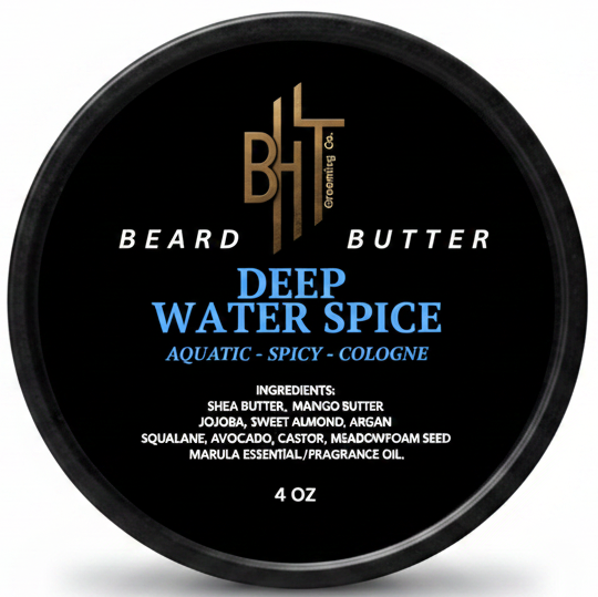 Beard Butter container labeled 'Deep Water Spice' on a white background