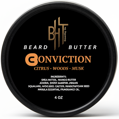 Beard butter container with branding and product name on a white background