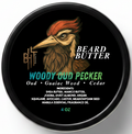 Beard butter container with rooster illustration and product details on a white background