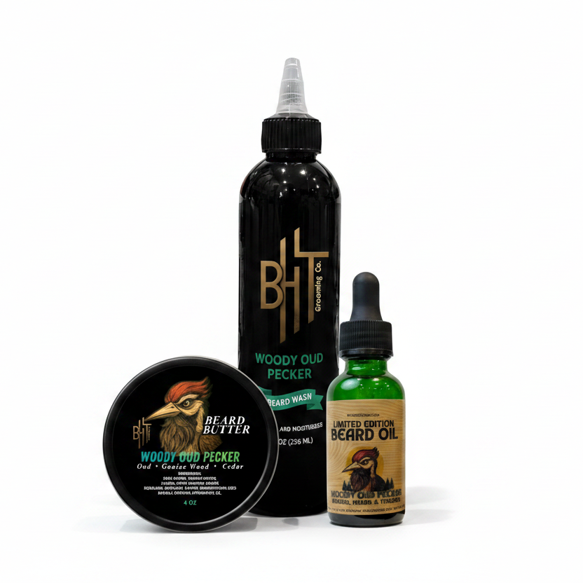 Set of beard care products including a bottle, tub, and oil with branding on a white background.