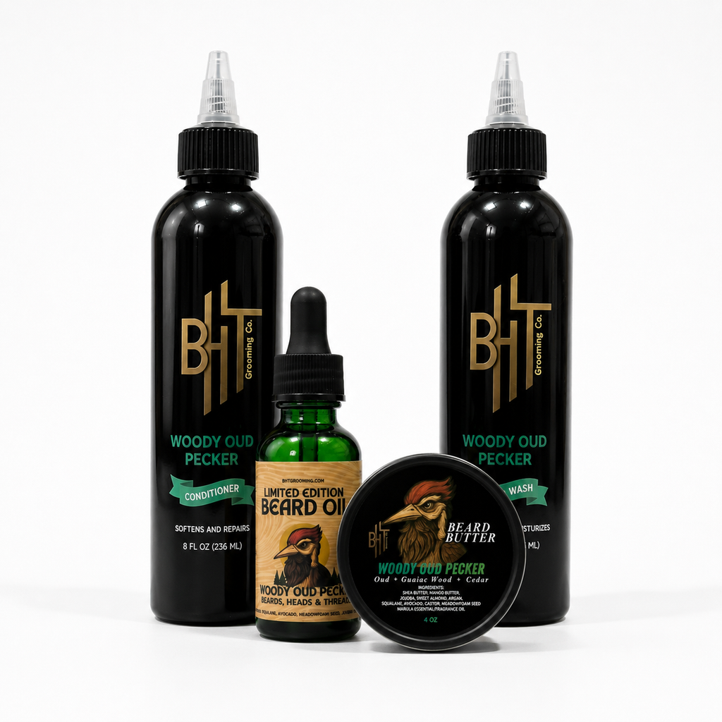 Set of beard care products including bottles and a jar on a white background