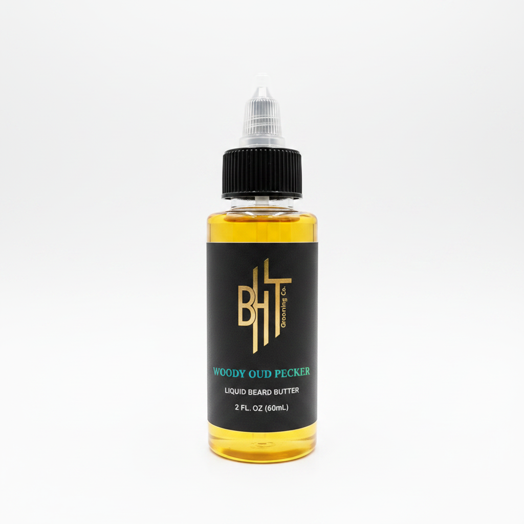 Bottle of woody oud pecker liquid beard butter with a white background
