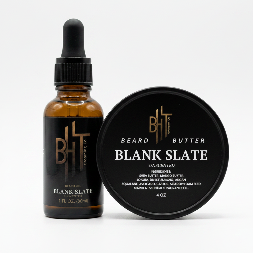 Beard oil bottle and butter container with 'Blank Slate' branding on a white background