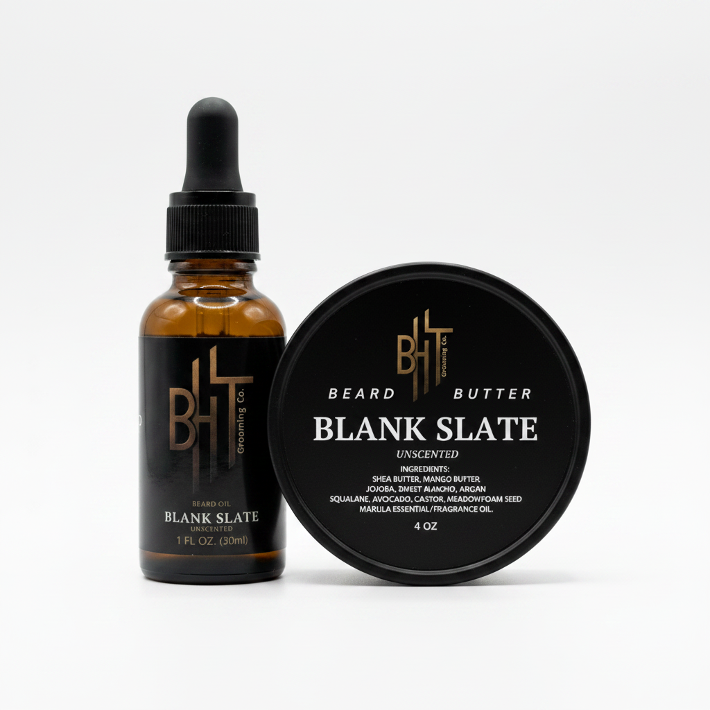 Beard oil bottle and butter container with 'Blank Slate' branding on a white background
